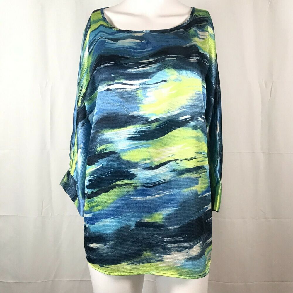 Chicos Shirt Womens Sz 0 Small 4 Blue Green Long Sleeve Tunic Top‎ Casual